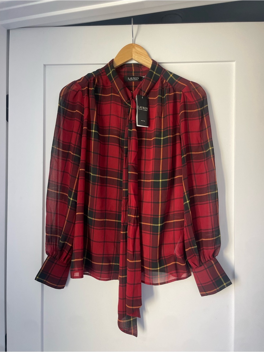 NWT Lauren Ralph Lauren Plaid Tie Neck Blouse Petite Small